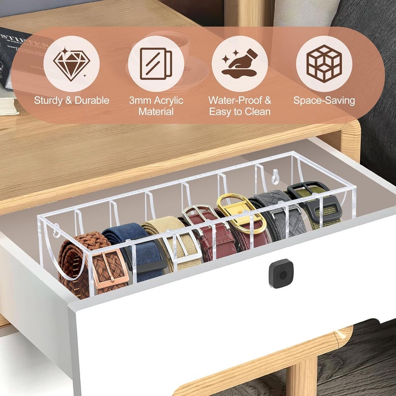 Oubou Store Belt Organizer, Acrylic Belt Storage Organizer for Closet with Dust Cover and Drawer,7 Compartments Transparent Display Case for Belts - Image 3